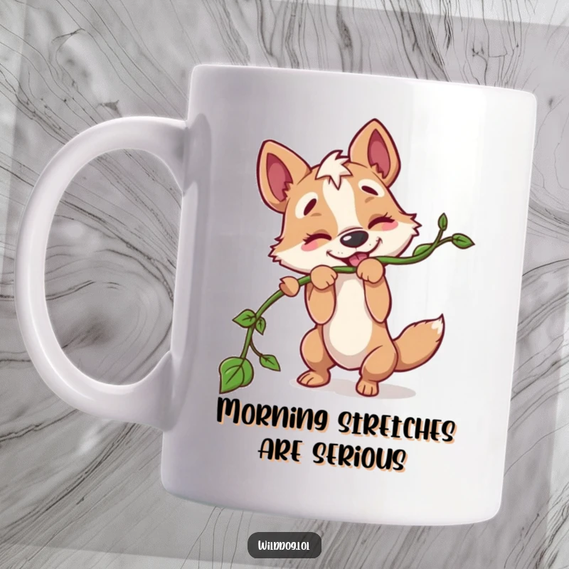 Funny mug with a wild dog character playfully and enthusiastically tugging on a long, sturdy vine, showing off its energetic spirit.