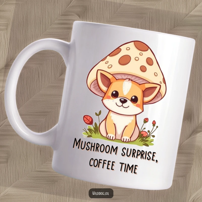 Funny Kawaii Wild Dog Mug: Adorable character peeking playfully from behind a spotted mushroom, perfect for cute and funny gift occasions.
