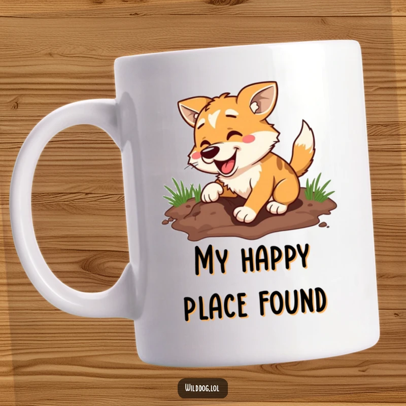 Funny mug featuring a wild dog gleefully digging a large hole with immense enthusiasm, showcasing pure canine joy and energetic spirit.