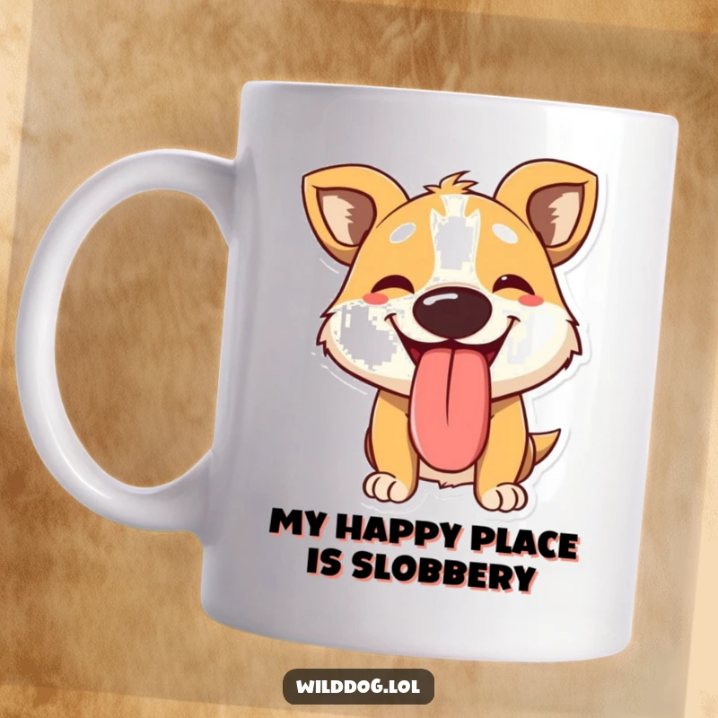 Funny mug with a panting wild dog character joyfully sticking out its large, happy tongue, illustrating pure, unadulterated canine bliss.