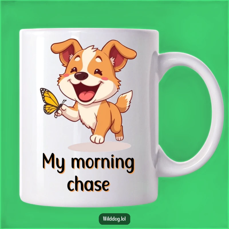 Funny Wild Dog Grin Mug: Happy Pup Chasing Butterfly, Perfect Joyful Gift!