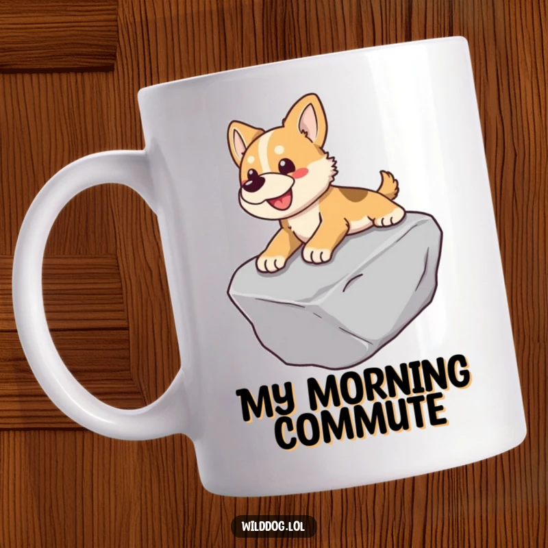 Funny mug depicting a joyful wild dog playfully sliding down a smooth, wet rock surface.