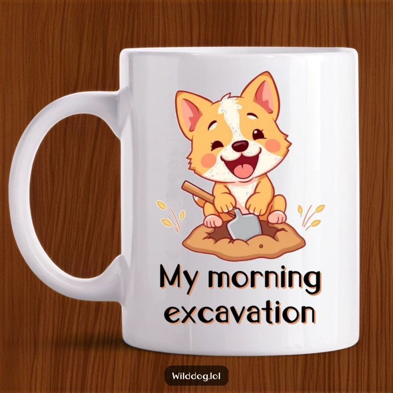 Funny mug depicting a determined wild dog enthusiastically digging a hole with a comically small shovel, showcasing playful industriousness.
