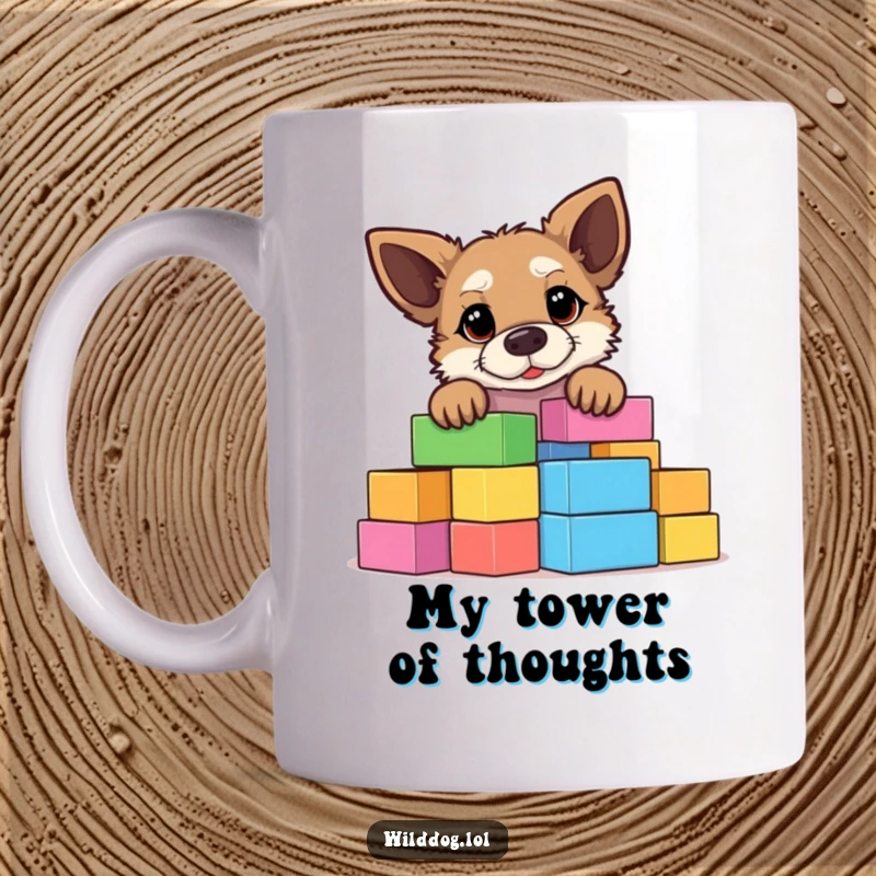 Funny wild dog peeking curiously over a huge stack of vibrant building blocks, expressing playful mischievousness. A perfect gift.