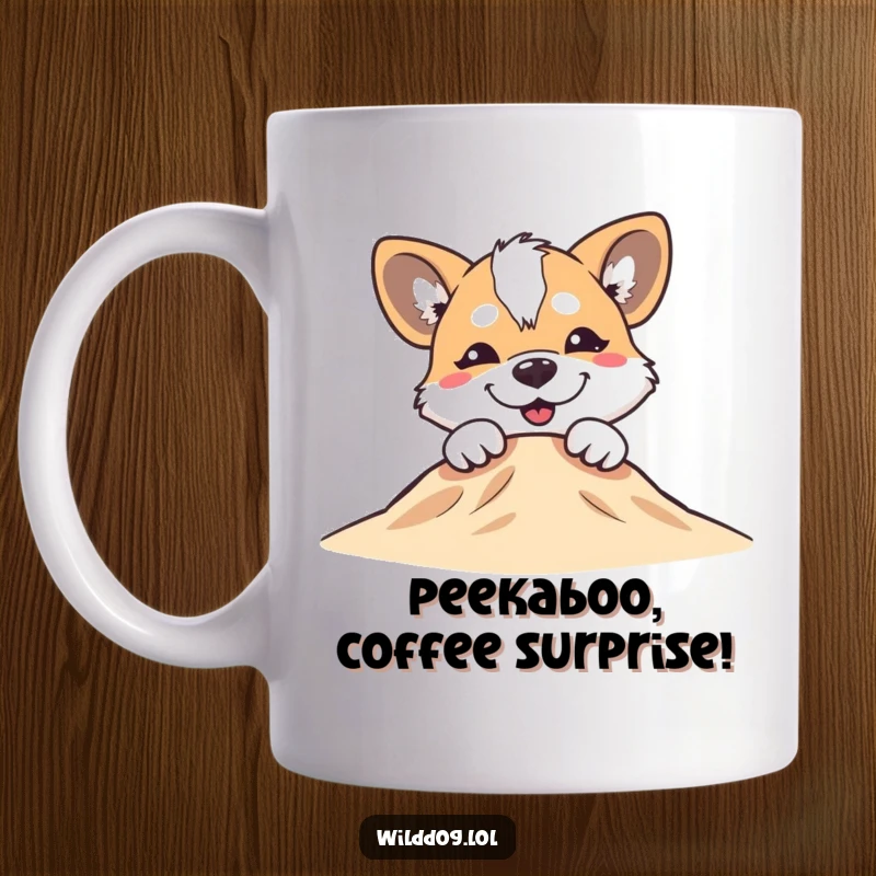 Funny wild dog with a silly grin peeking over a small hill on a ceramic mug, mischievous and happy.