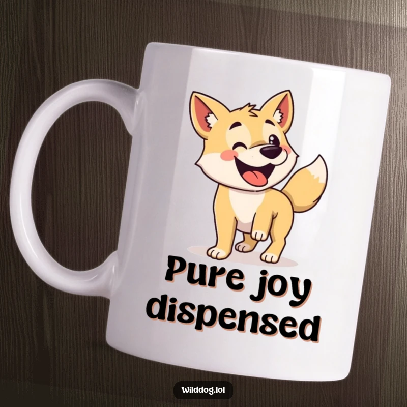 Funny mug showing a happy wild dog with its tail wagging so fast it's a blur.