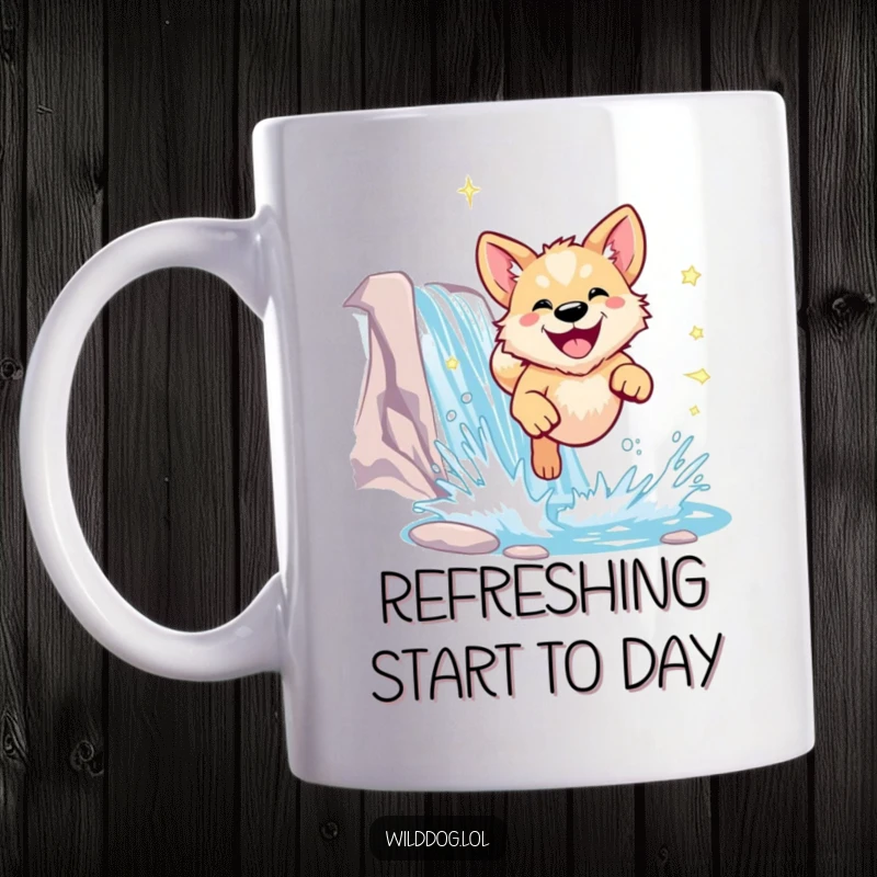 Funny wild dog mug showing a dog leaping joyfully through a sparkling waterfall with a radiant smile.