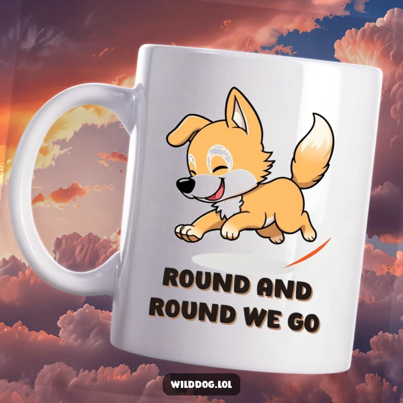 Funny wild dog mug showing a cartoon dog comically chasing its own tail in a dizzying circle, symbolizing playful energy.