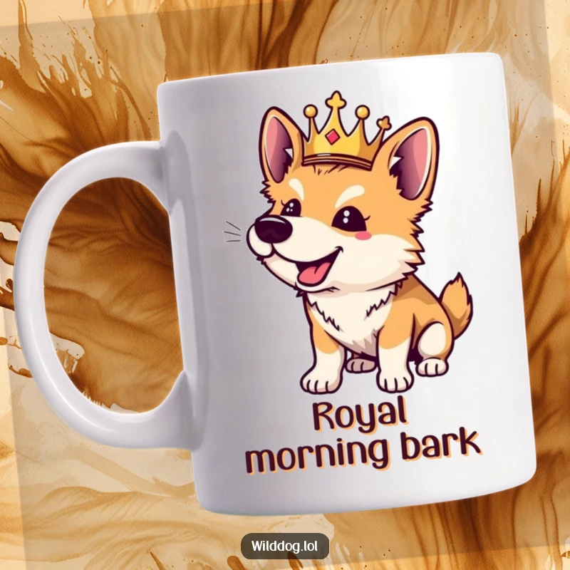 Funny wild dog mug featuring a playful dog wearing a tiny crown, barking with joy and mischief.