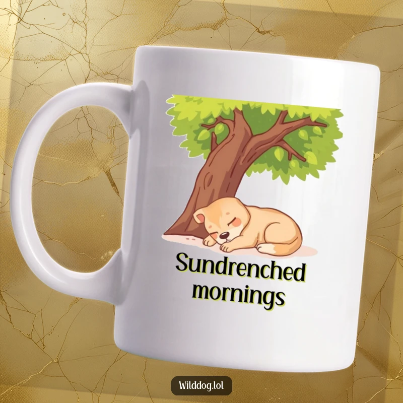 Funny Wild Dog Napping Mug showing a happy dog sleeping peacefully under a sunny tree branch.