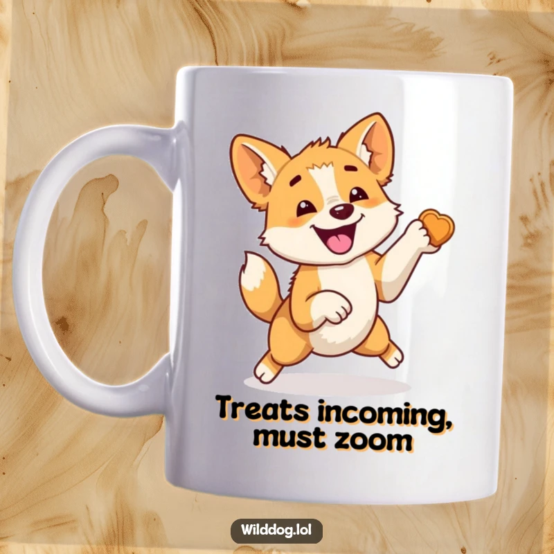 Funny mug depicting an energetic wild dog leaping with its tail wagging furiously, eyes fixed on an unseen treat, embodying pure, happy anticipation.