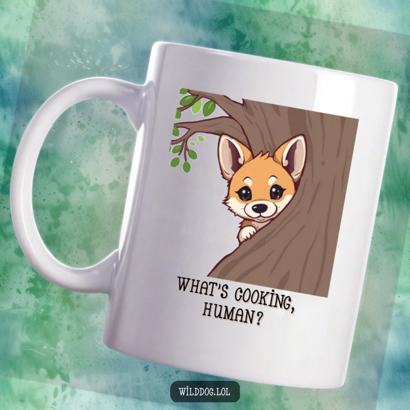 Funny wild dog peeking around a tree with big, curious eyes, captured on a mug for an adorable, humorous vibe.