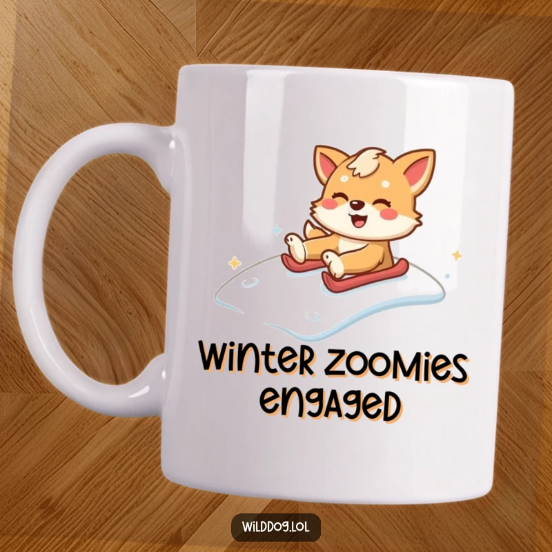 Funny wild dog gleefully sliding down a snowy hill, expressing pure winter joy. Great funny gift mug.