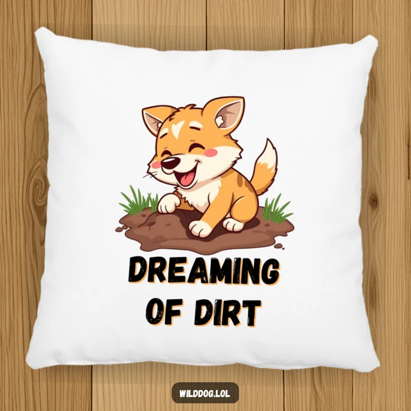 Funny pillow with a cozy design of a wild dog enthusiastically digging a hole, bringing a comical and cheerful touch to any room.
