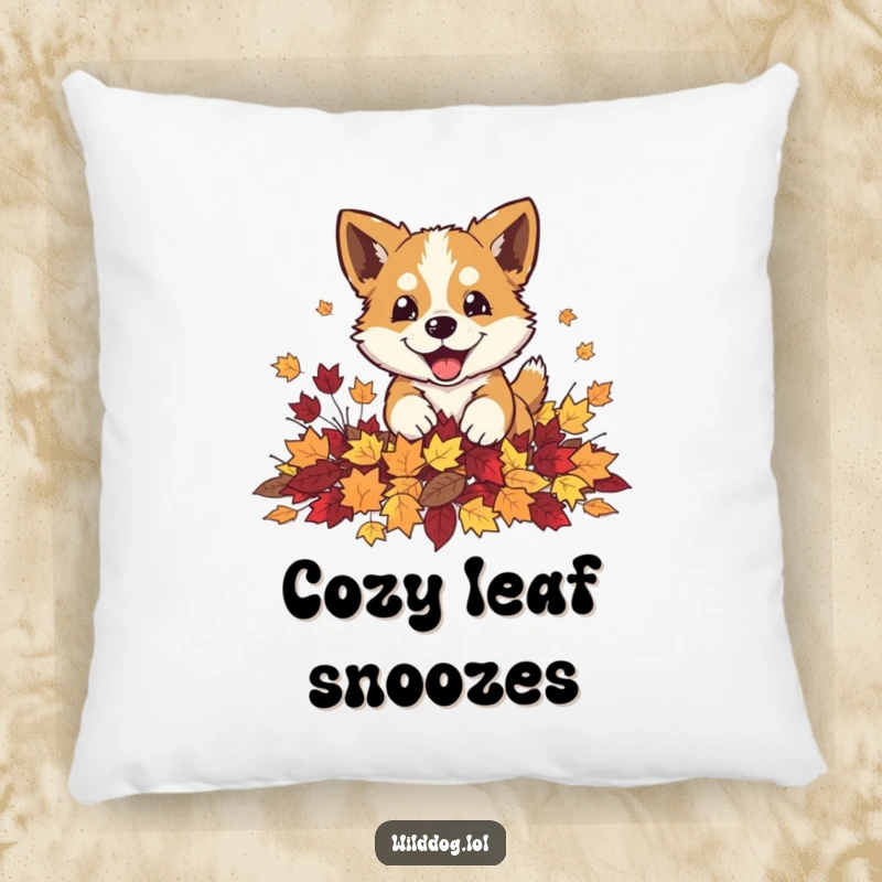 Funny wild dog playfully pouncing into a pile of autumn leaves on a soft pillow, cozy and charming.