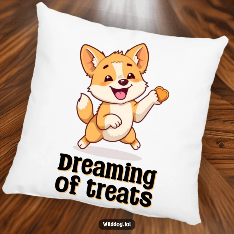 Funny pillow with a happy wild dog leaping excitedly, tail wagging ferociously, eyes wide with anticipation for a delicious treat, a comical scene.