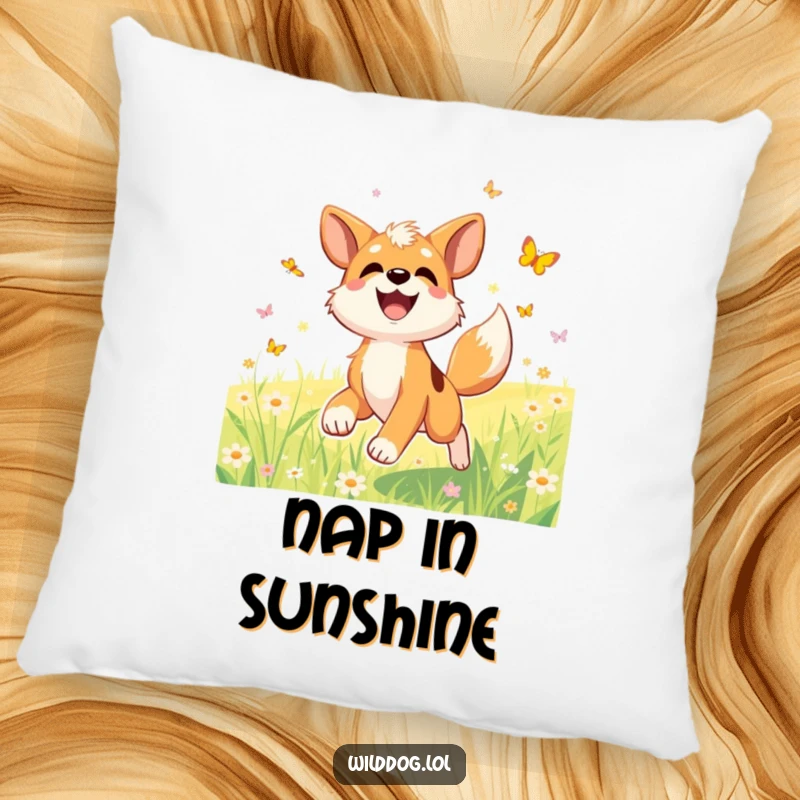 Funny pillow featuring a joyful wild dog character with a wagging tail, happily chasing butterflies in a sunlit meadow.