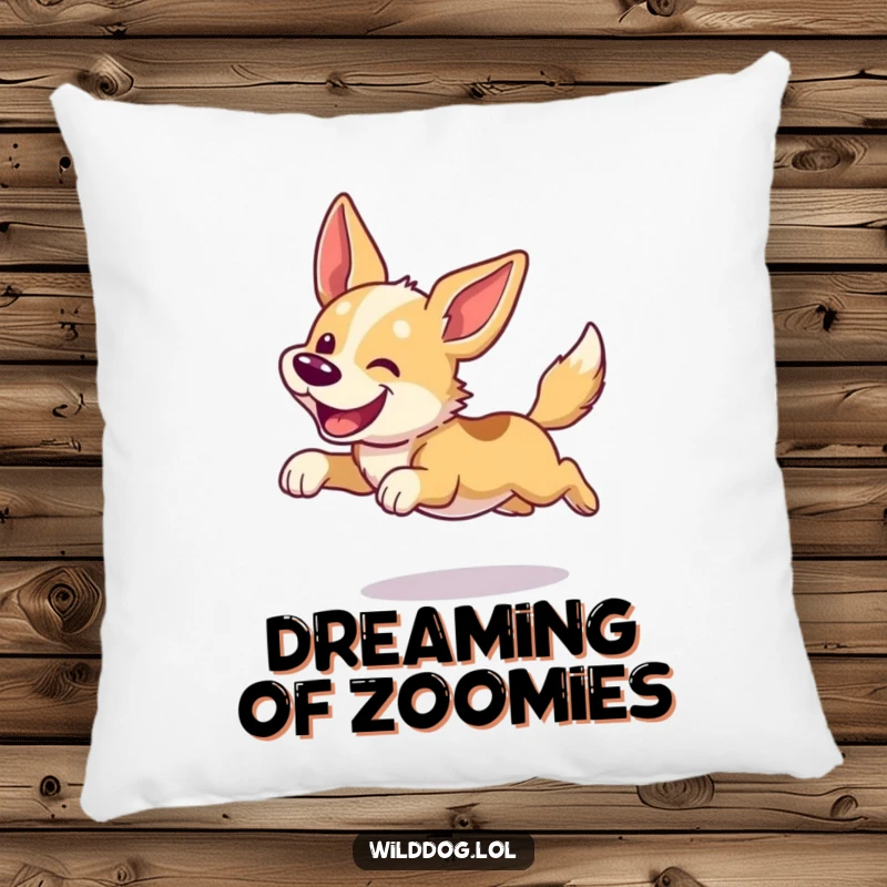Funny dog pillow with a joyful, wild dog mid-leap with ears flapping. Soft, comfortable, and humorous decor.