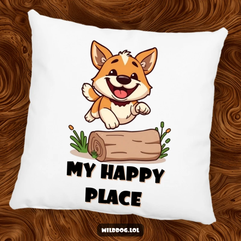 Funny wild dog with a big grin, leaping over a log, on a soft pillow, for adding a joyful touch.