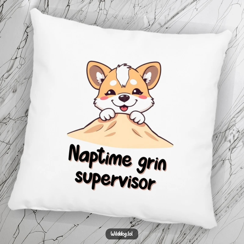 Funny wild dog with a silly grin peeking over a small hill on a soft pillow, cozy and cheerful.