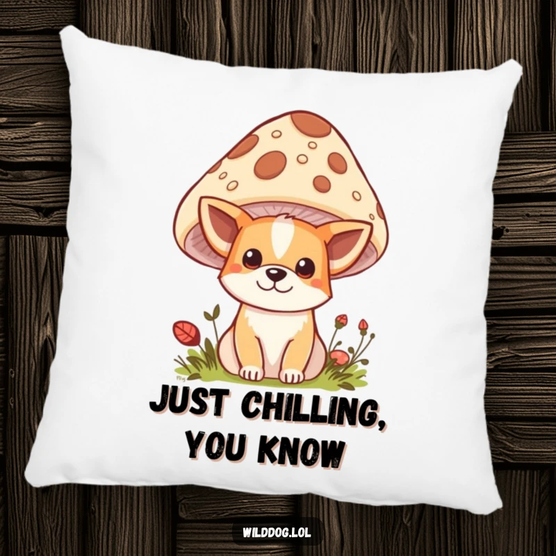 Funny Kawaii Wild Dog Pillow: Soft cushion featuring a cute dog peeking from behind a mushroom, offering comfort and funny charm.