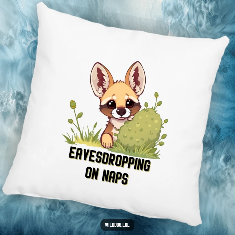 Funny pillow design of a wild dog peeking from behind a leafy bush, with its ears attentively raised, inviting a game.