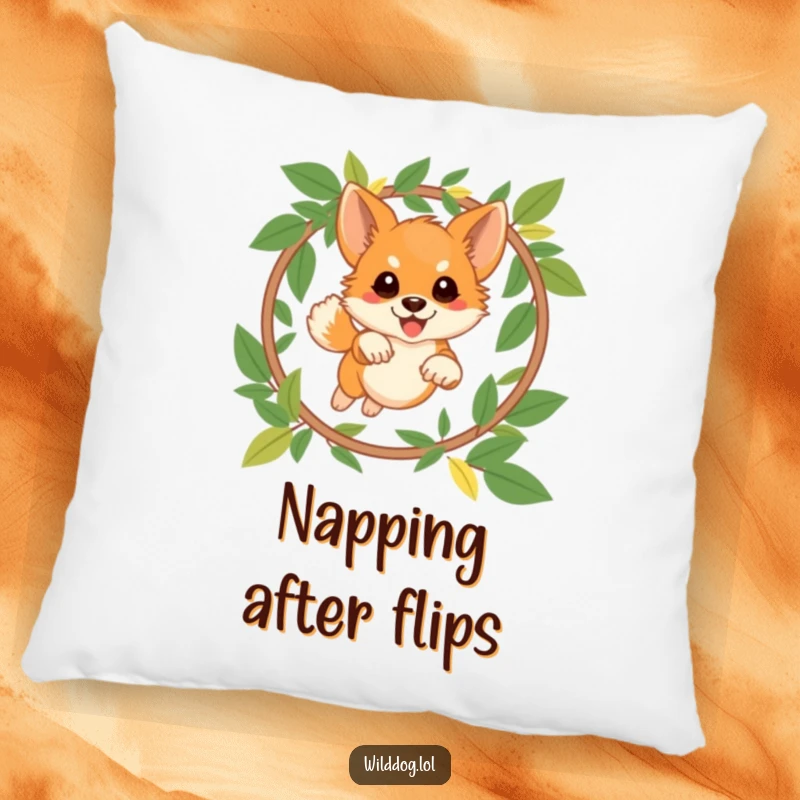 Funny wild dog pillow showing a playful dog leaping through a leaf hoop, offering a comfortable and humorous decorative accent.