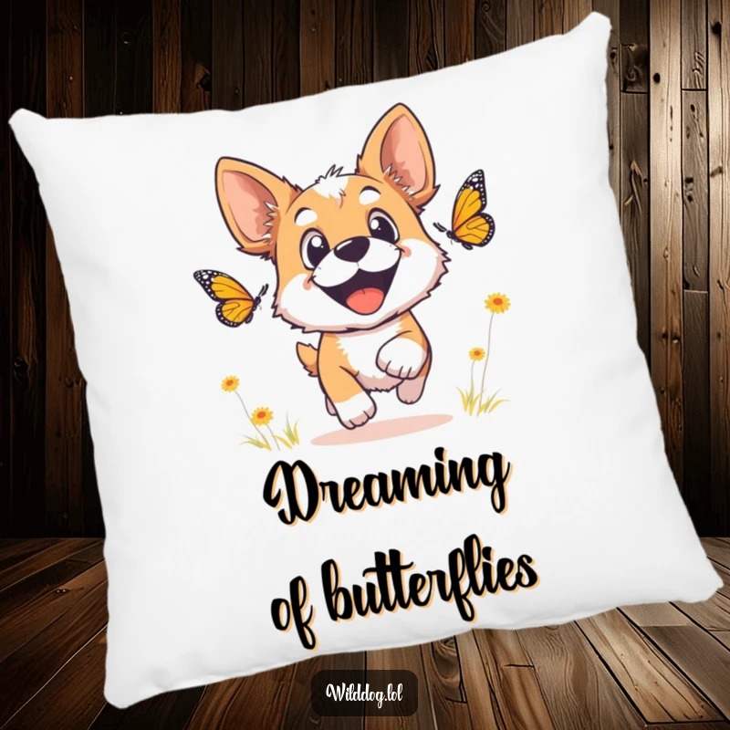 Funny wild dog pillow featuring a dog with wide, joyful eyes chasing a butterfly, adding happy humor.