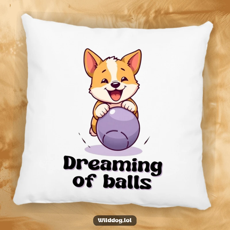 Funny wild dog pillow illustrating a dog joyfully pouncing on a bouncing ball, ideal for humorous and comfortable home decor.