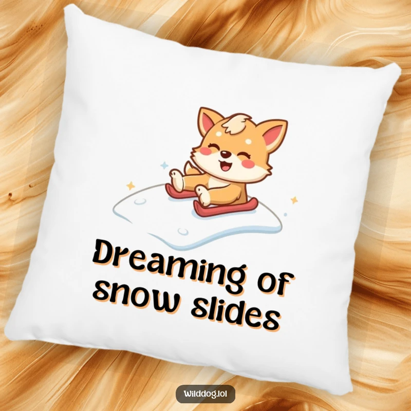 Funny wild dog sliding down a snowy hill with glee, providing cozy and funny decorative comfort. Funny gift pillow.