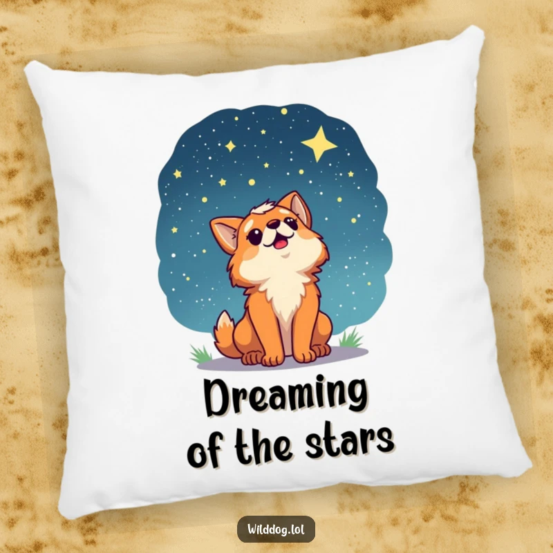 Funny pillow with a wild dog character looking up at a starry night sky, providing soft comfort and a sense of peaceful wonder.