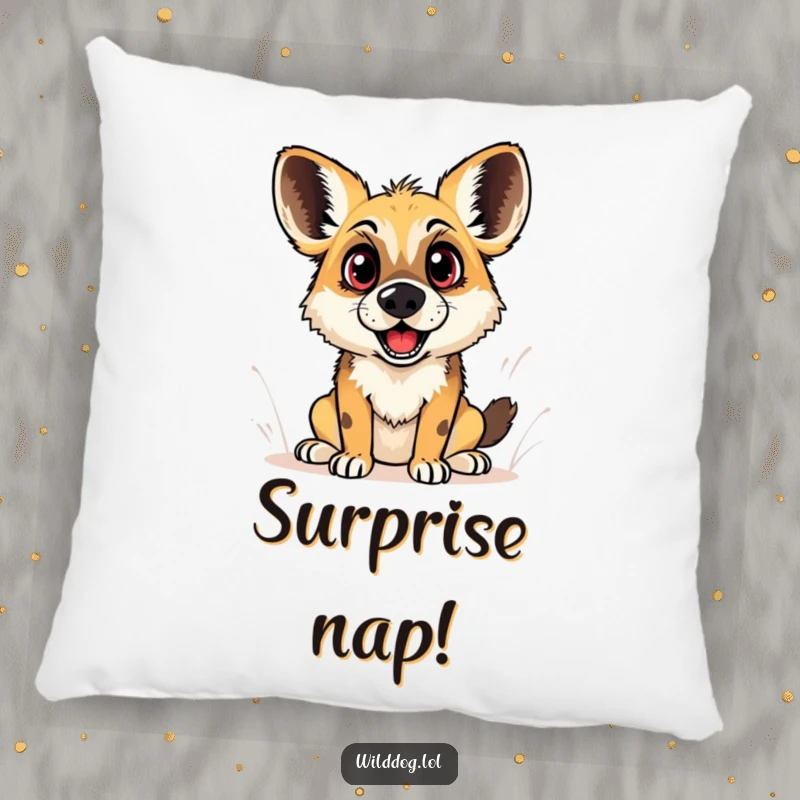 Funny pillow showcasing a wild dog with dramatically wide eyes and an open mouth, embodying a moment of sudden, comical, playful surprise.