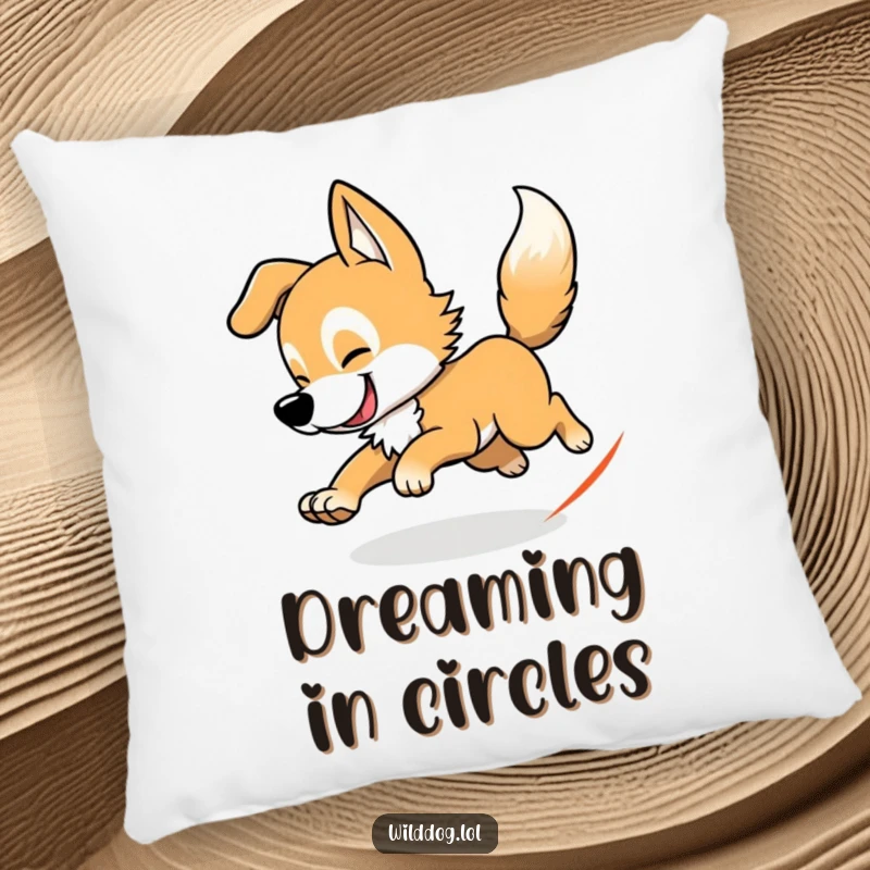 Funny wild dog pillow illustrating a dog chasing its tail in a circle, ideal for humorous and comfortable home decor.