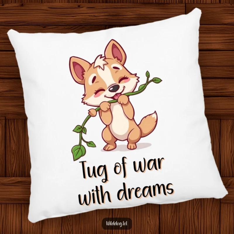 Funny pillow featuring a wild dog character playfully tugging on a long vine, providing soft comfort and a dose of lighthearted fun.