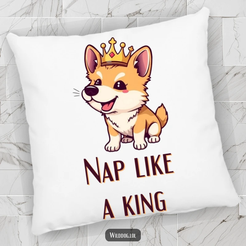 Funny wild dog pillow featuring a playful crowned dog barking happily, adding cozy humor to any space.