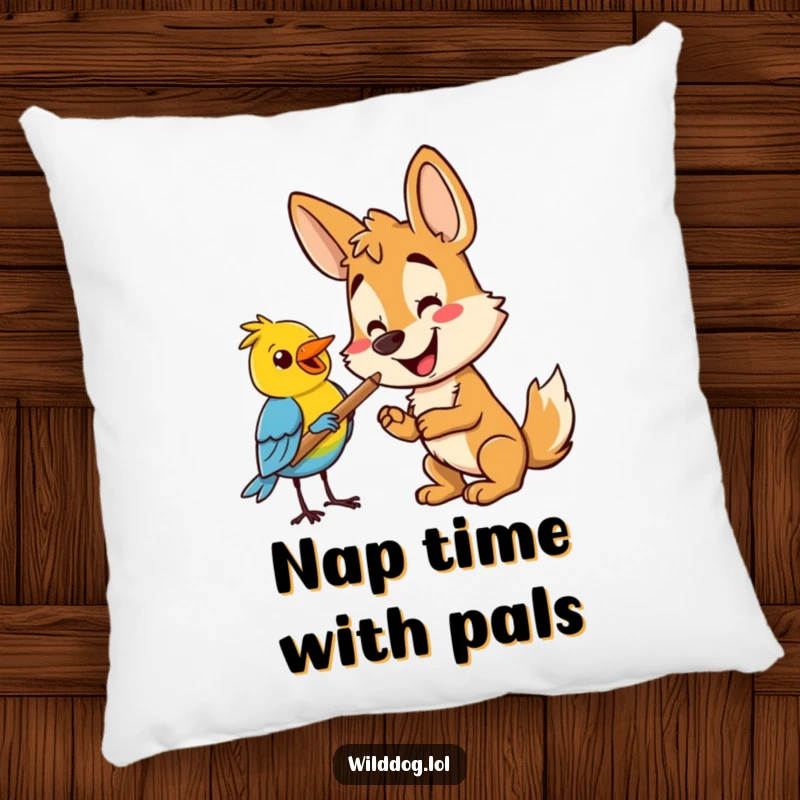 Funny happy wild dog offering a stick to a bird, providing cozy and funny decorative comfort. Funny gift pillow.