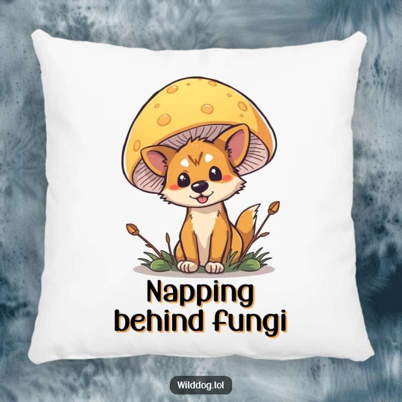 Funny Wild Dog Mushroom Pillow featuring a dog peeking playfully from behind a large, colorful mushroom.