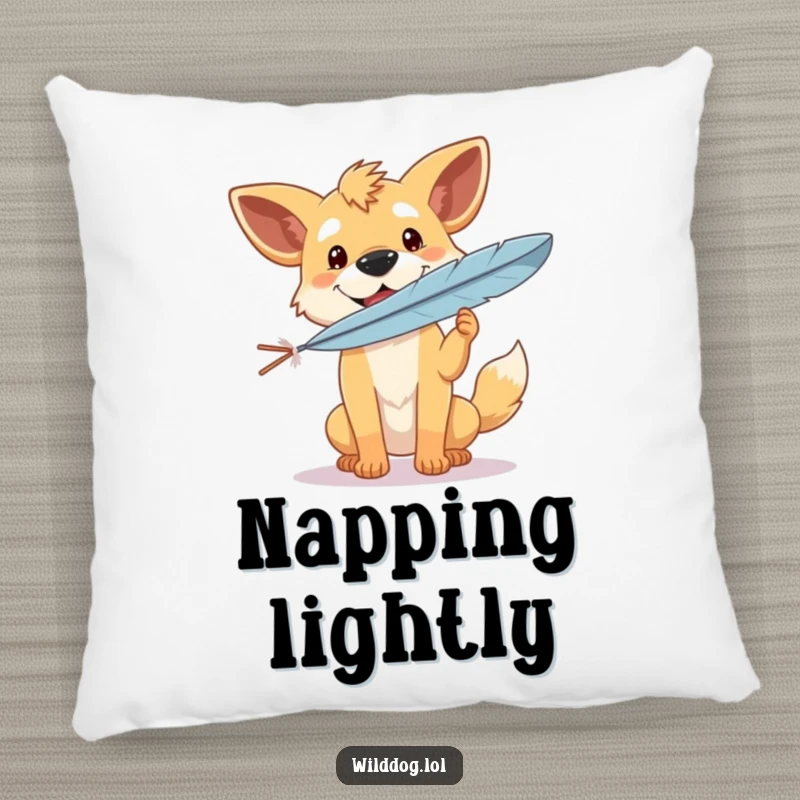 Funny pillow design featuring a happy wild dog balancing a feather with a blissful expression, bringing a sense of peace and humor.