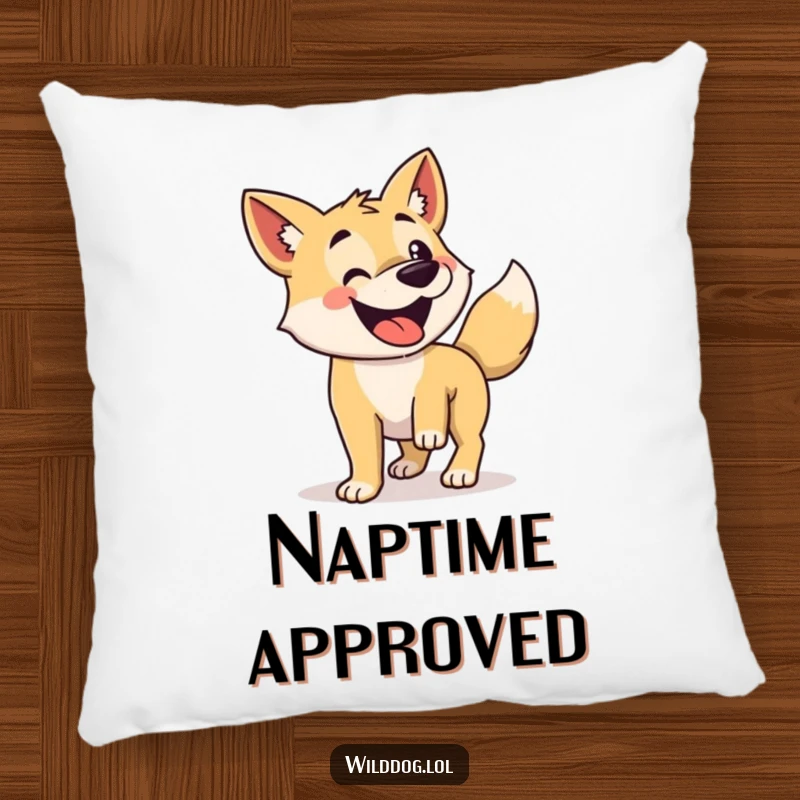 Funny pillow showing a wild dog with its tail wagging enthusiastically.