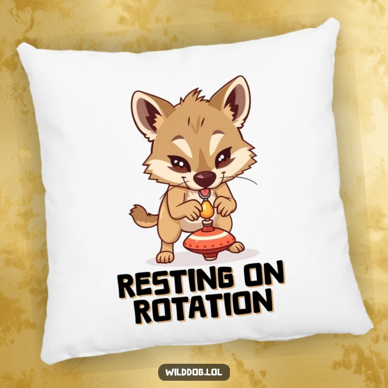 Funny wild dog concentrating on balancing a tiny spinning top, soft pillow for cozy and humorous accent decor.