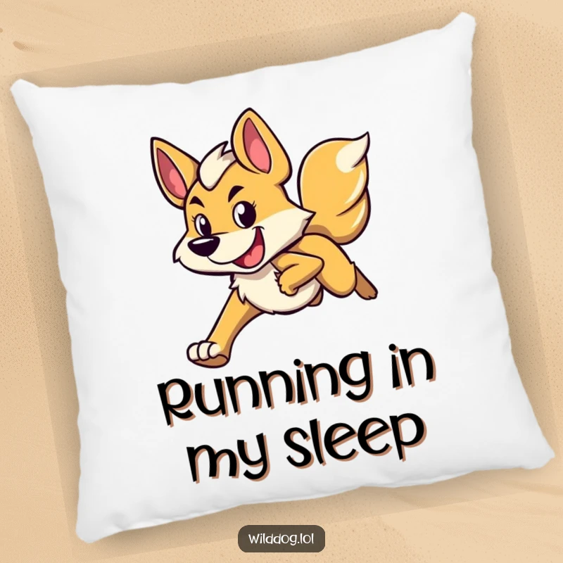 Funny pillow with a running wild dog character showing a determined yet happy face, offering comfort and a spark of motivational energy.
