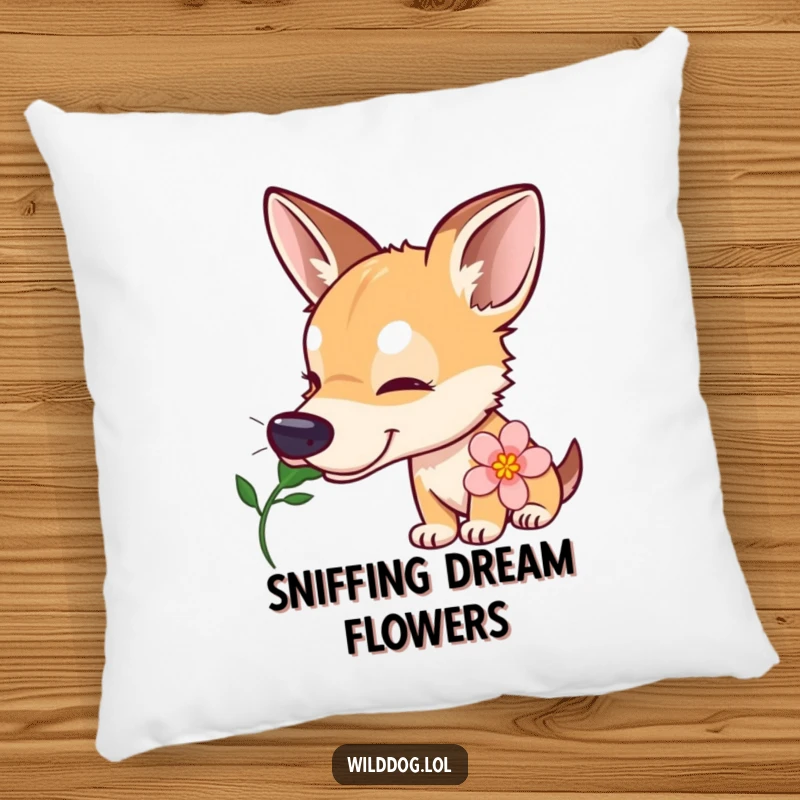 Funny wild dog pillow showing a curious dog with a tilted head sniffing a flower, offering a comfortable and humorous decorative accent.