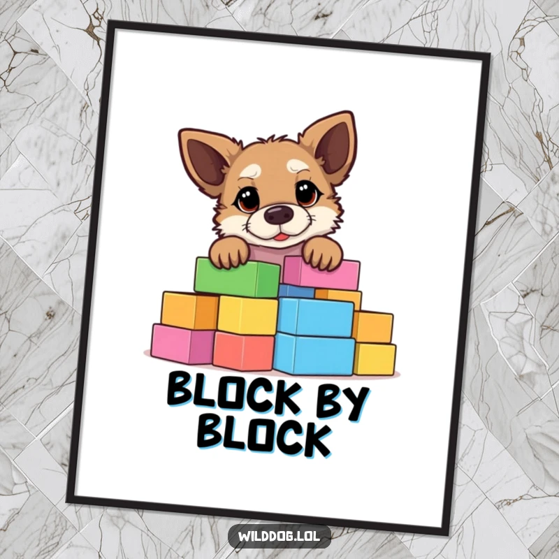 Funny wild dog peeking over a giant stack of colorful building blocks, printable digital art for instant humorous wall decor.