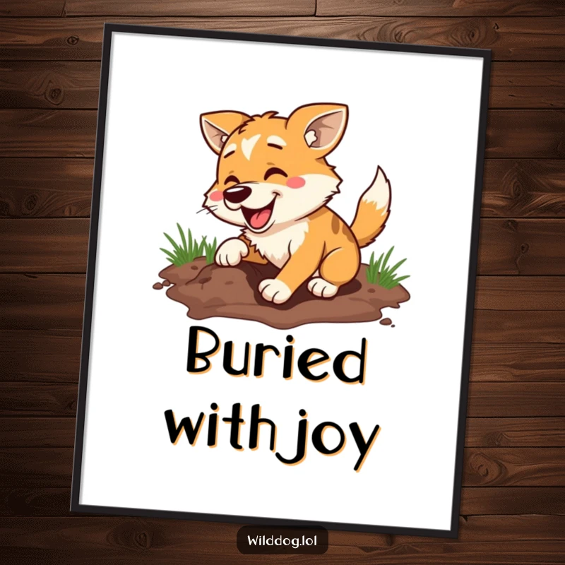 Funny digital art print of a wild dog digging a hole with extreme happiness, capturing a moment of pure canine bliss and energetic fun.