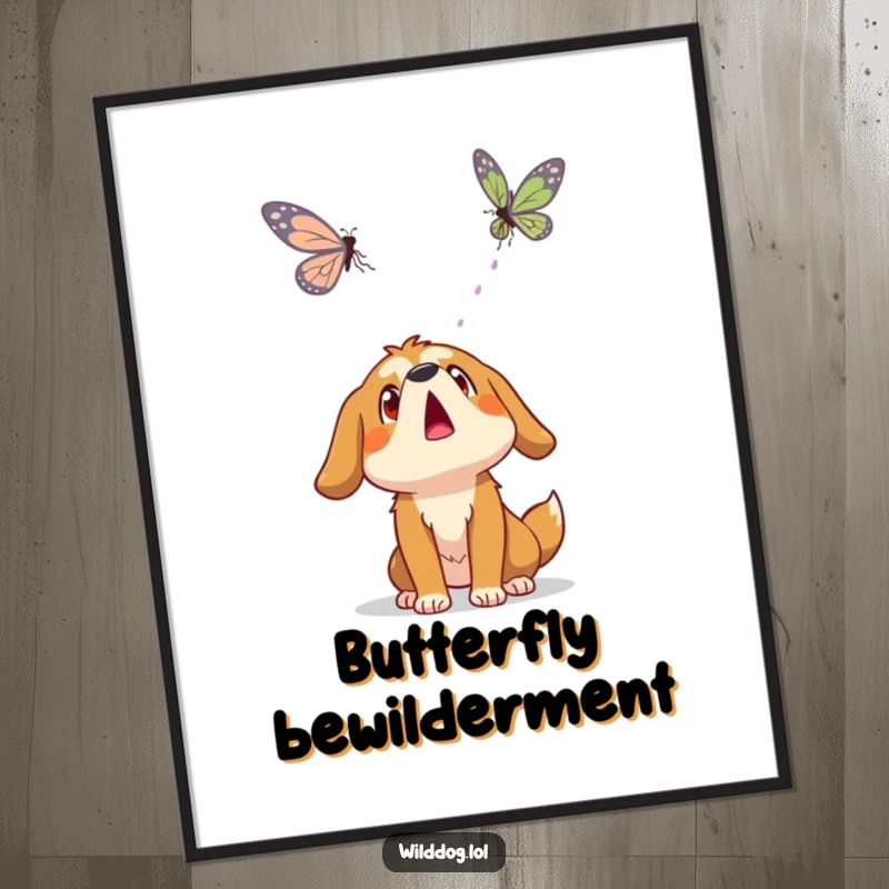 Funny wild dog character with a surprised expression, looking up at a floating butterfly, ideal for instant digital art print decor.