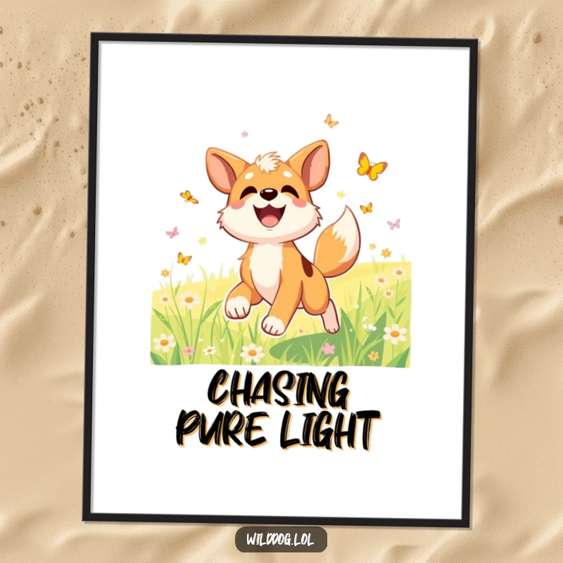 Funny digital art print of a joyful wild dog character with a wagging tail, chasing butterflies in a sunlit meadow.