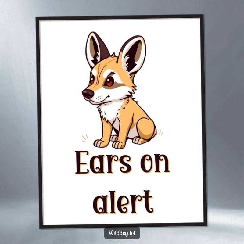 Funny Digital Art Print: Wild dog with perked ears, listening intently to a distant sound, offering humorous wall decor.