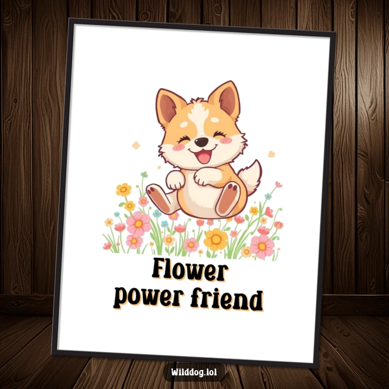 Funny digital art print of a wild dog experiencing ultimate joy while blissfully rolling in a colorful, blooming field of flowers.