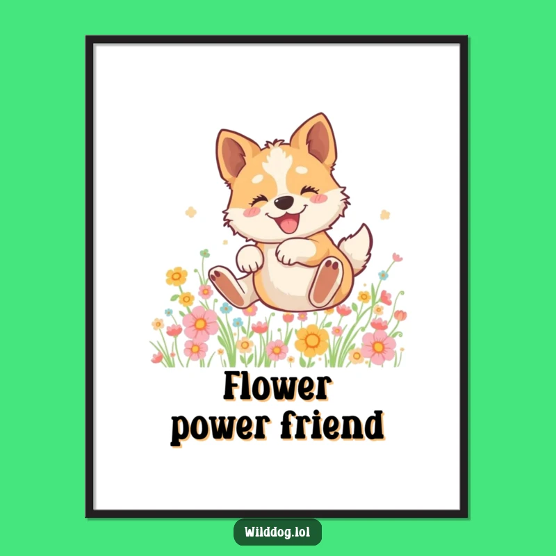 Funny Wild Dog Digital Art: Joyful Flower Rolling Print, Hilarious Instant Gift