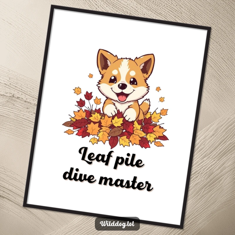 Funny wild dog playfully pouncing into a pile of autumn leaves, digital art print, capturing fall's playful spirit.
